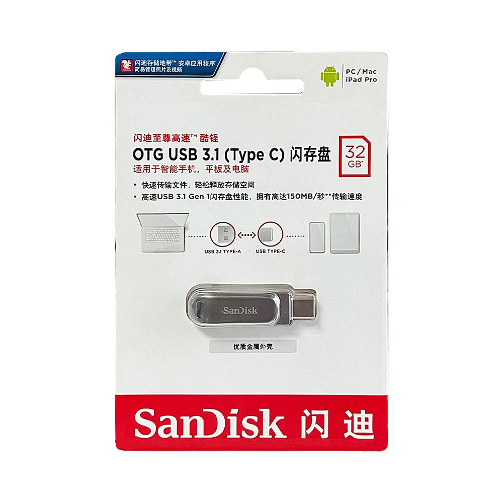 SanDisk SDDDC4 Ultra Dual Drive Luxe USB Type-C Flash Drive 32GB 64GB 128GB 256GB 512GB Metal OTG USB3.2 Gen 1 Pen Drive para PC/Mac