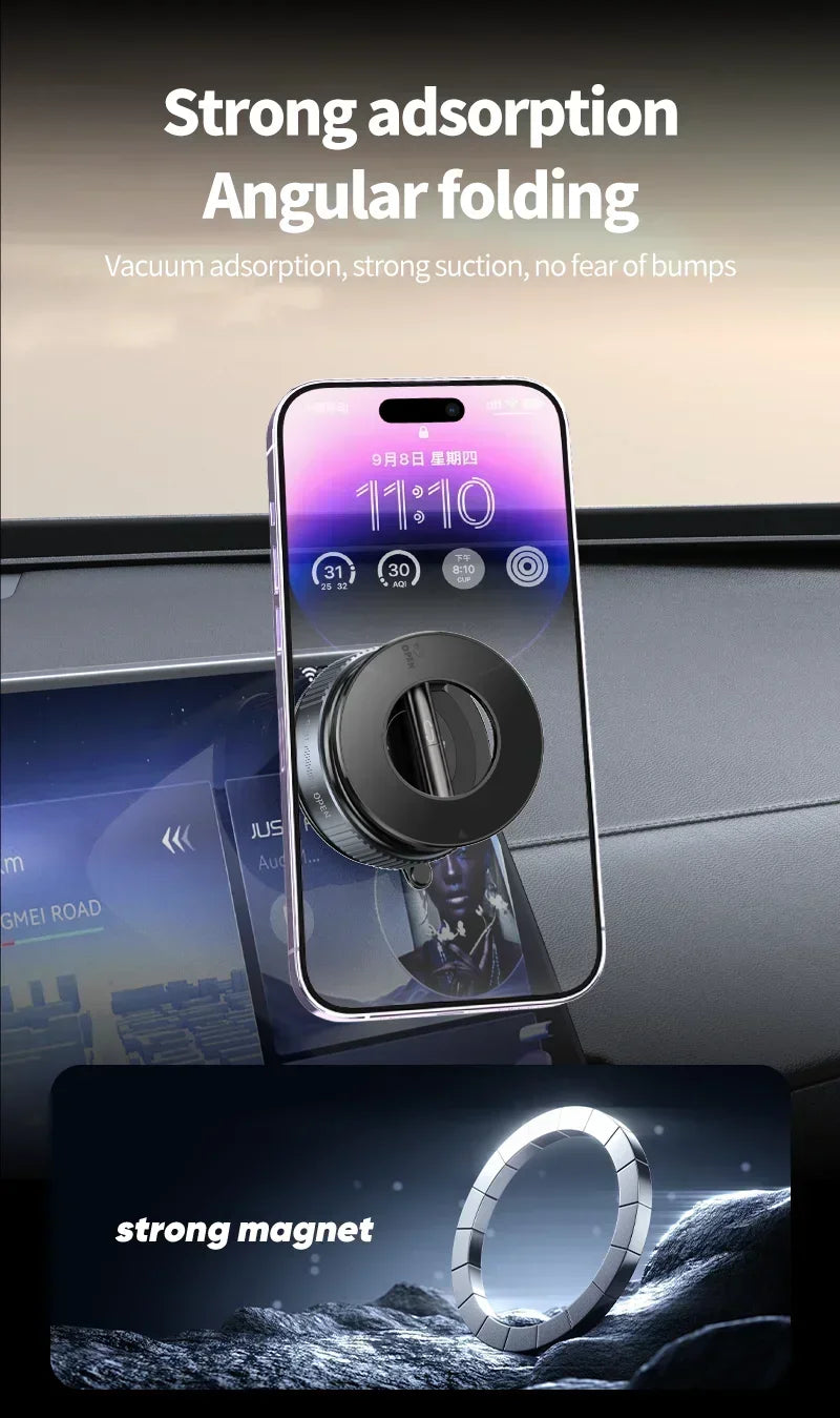 Suporte magnético Xiaomi para celular, design dobrável, ajuste de 360°, suporte a vácuo para carro, compatível com iPhone e ideal para transmissões ao vivo.