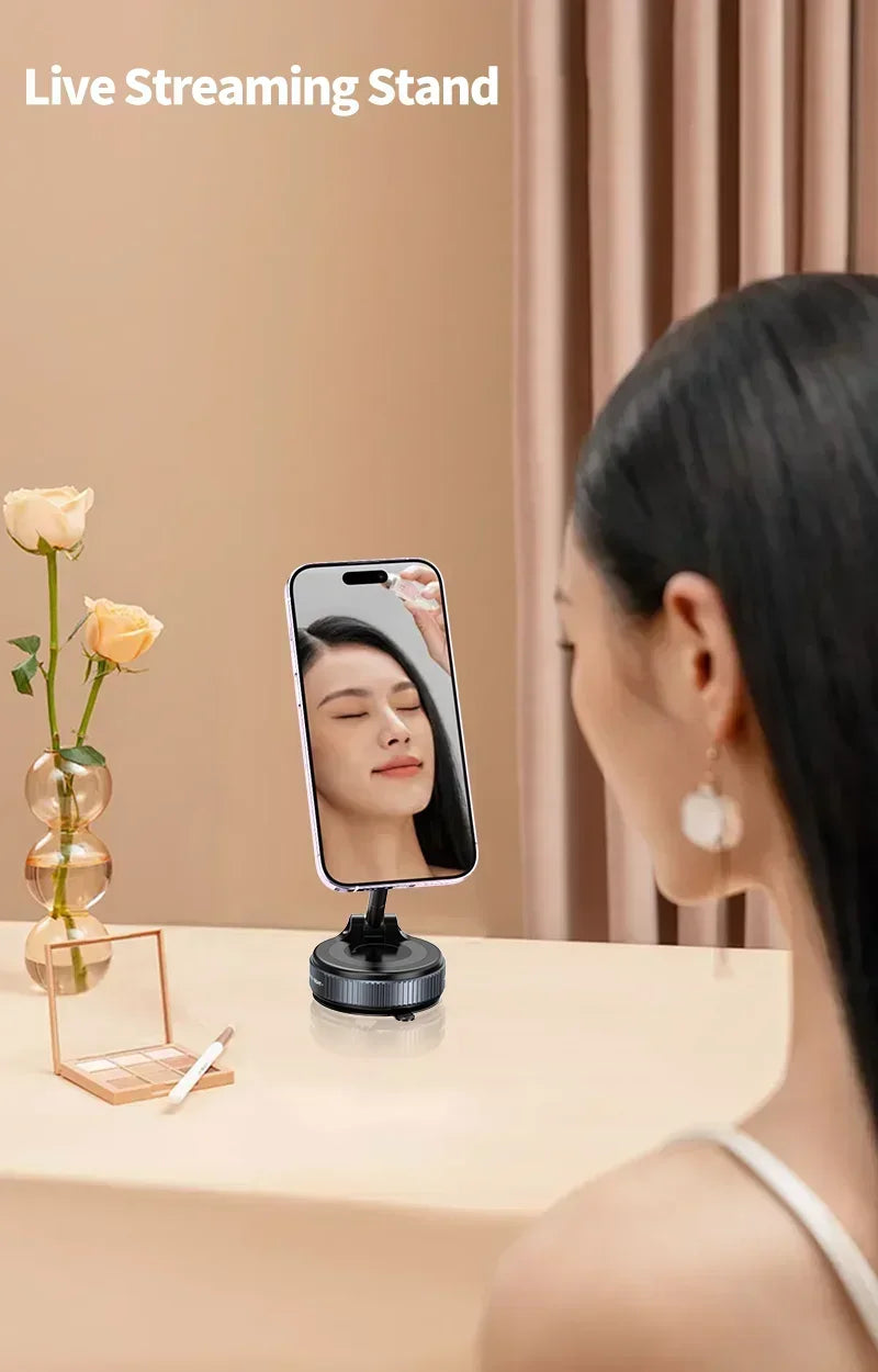 Suporte magnético Xiaomi para celular, design dobrável, ajuste de 360°, suporte a vácuo para carro, compatível com iPhone e ideal para transmissões ao vivo.