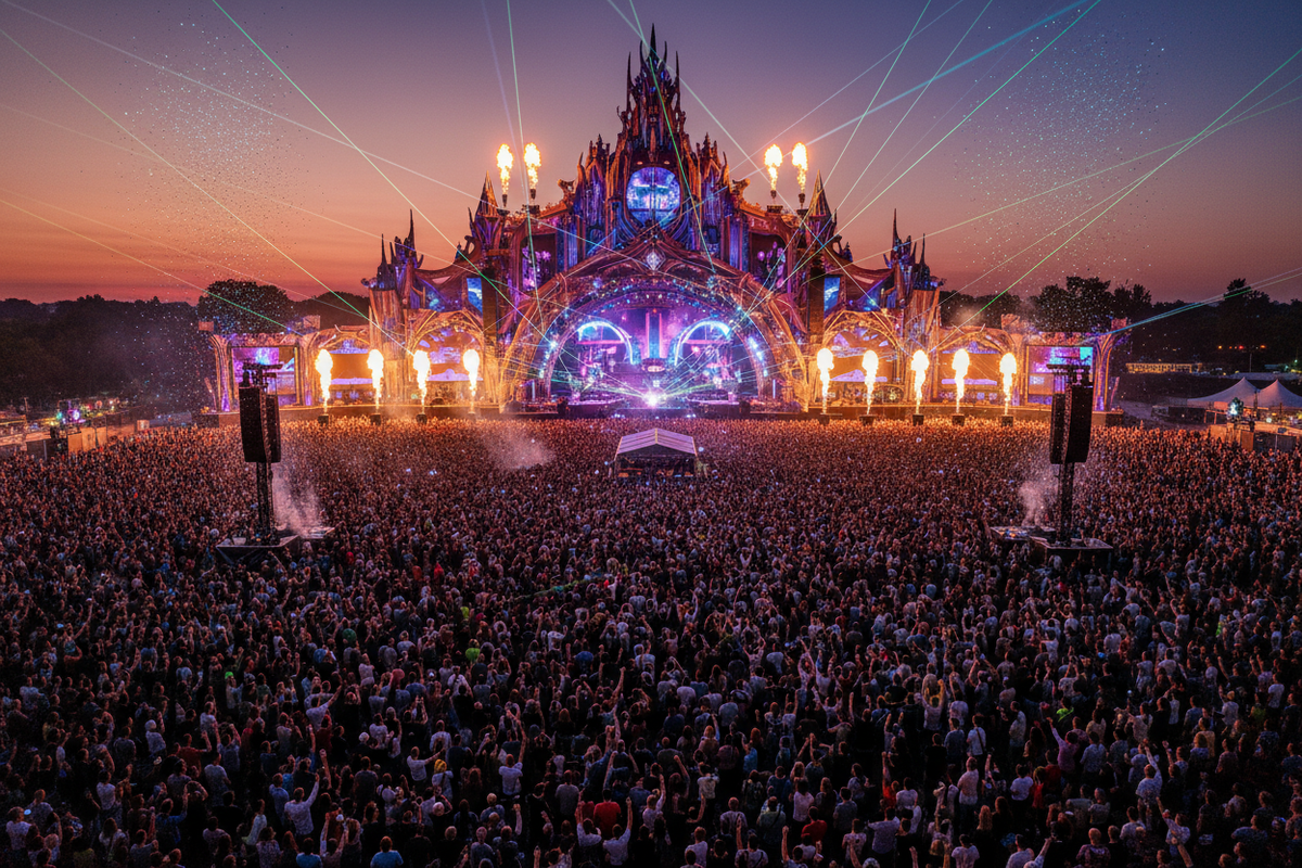 crie uma imagem semelhante ao festival Tomorrowland com as pessoa olhando para o palco comparado ao palco principal 